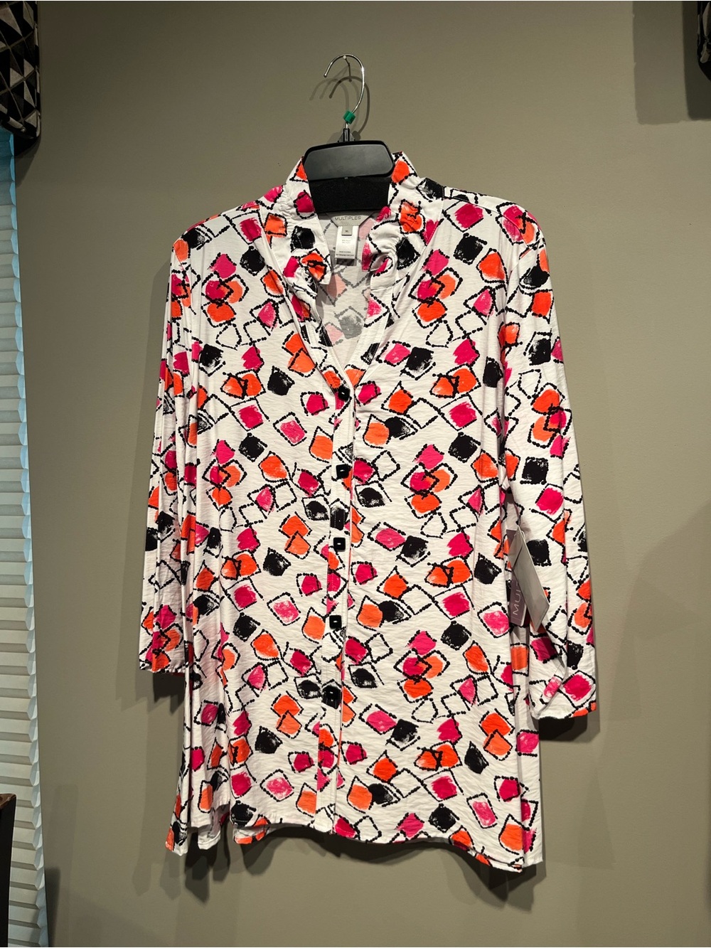 Multiples White Button-Front Tunic with Pink, Orange & Black Abstract Print
